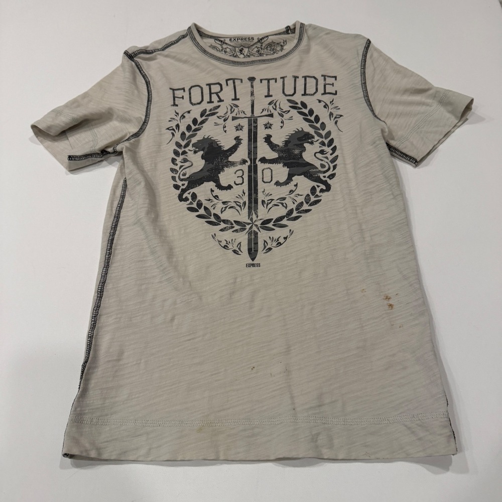 Express Fortitude Graphic Tee Beige Slub Knit Sword Lion Crest Shirt XS